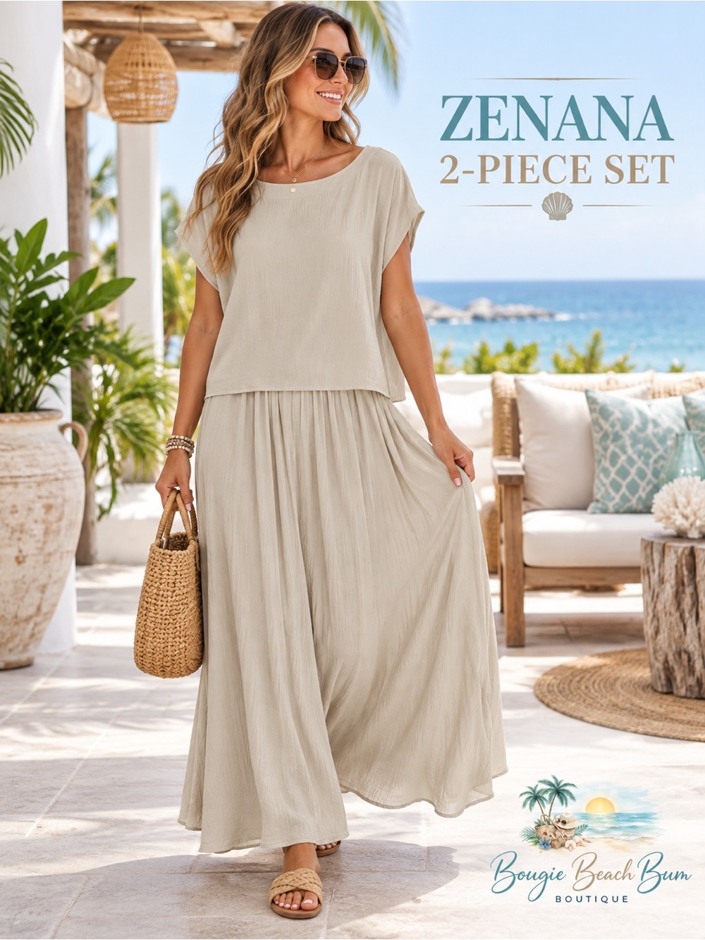 Zenana Two-Piece Flowy Maxi Set in Light Beige